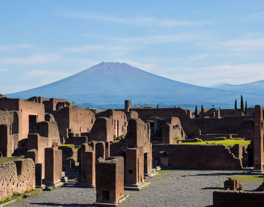 Ancient Pompeii Ruins with Mount Vesuvius and Blue Sky