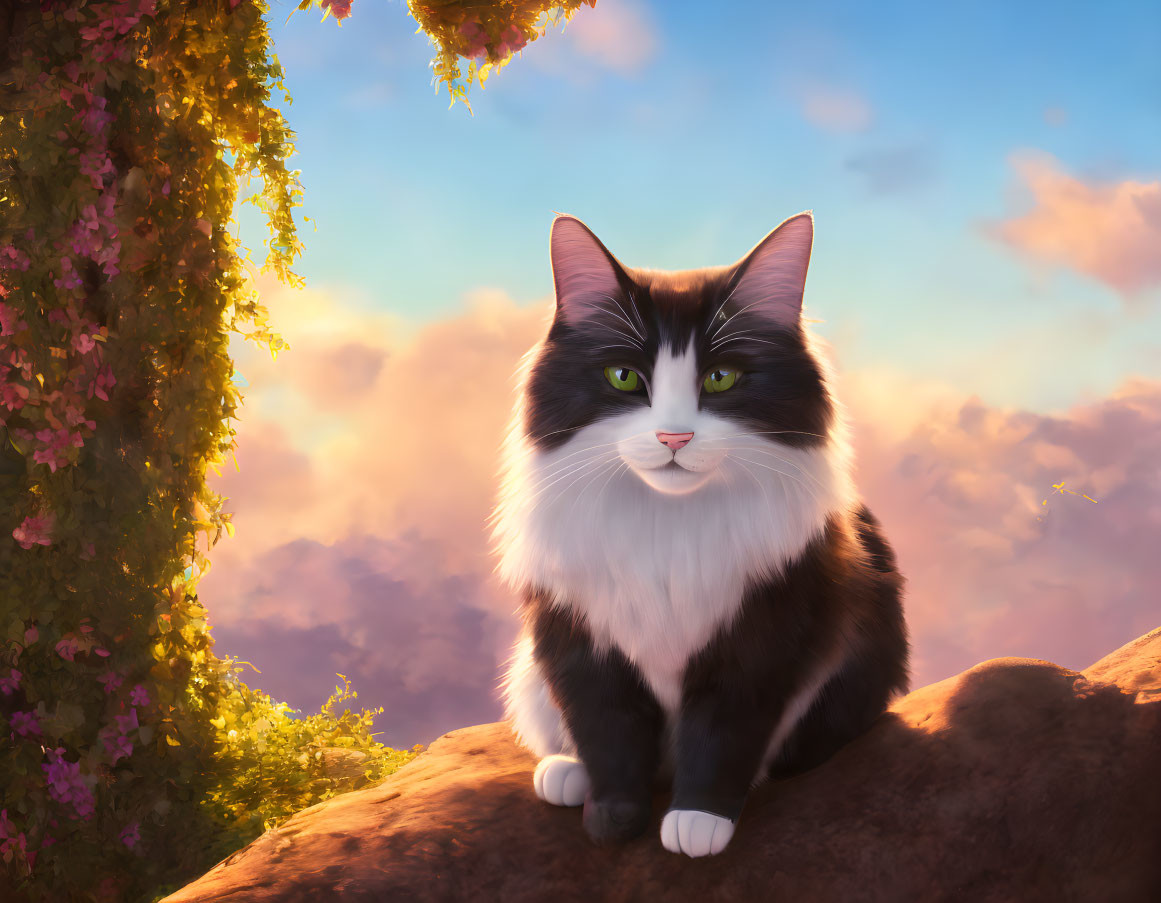 Fluffy Black and White Cat in Nature Setting with Sunset Sky