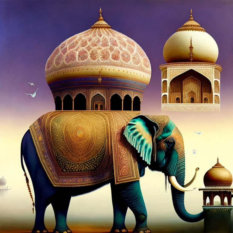 Intricate Indian architecture design on elephant under twilight sky