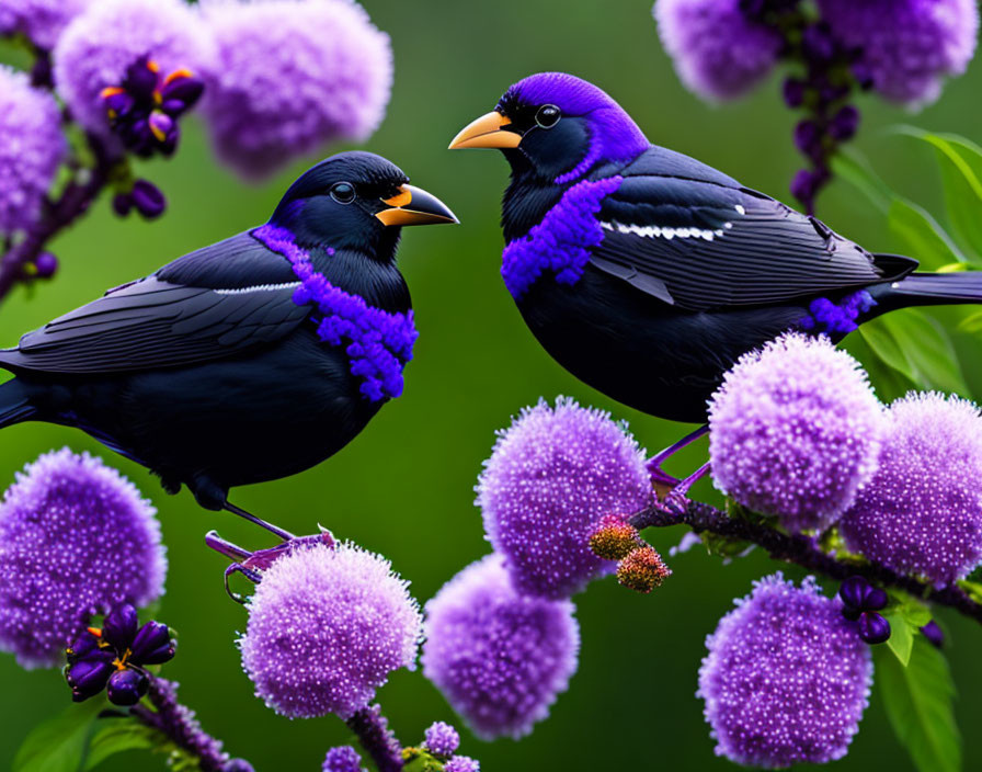 Vibrant starlings on branches with purple flowers and green background