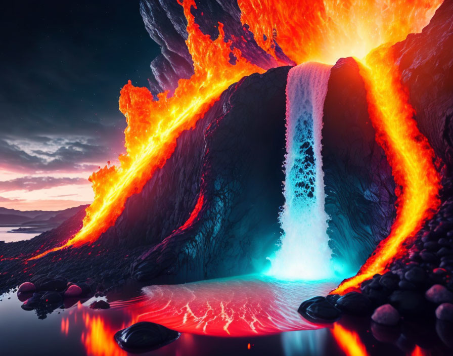 Surreal landscape with waterfall and lava flows under twilight sky