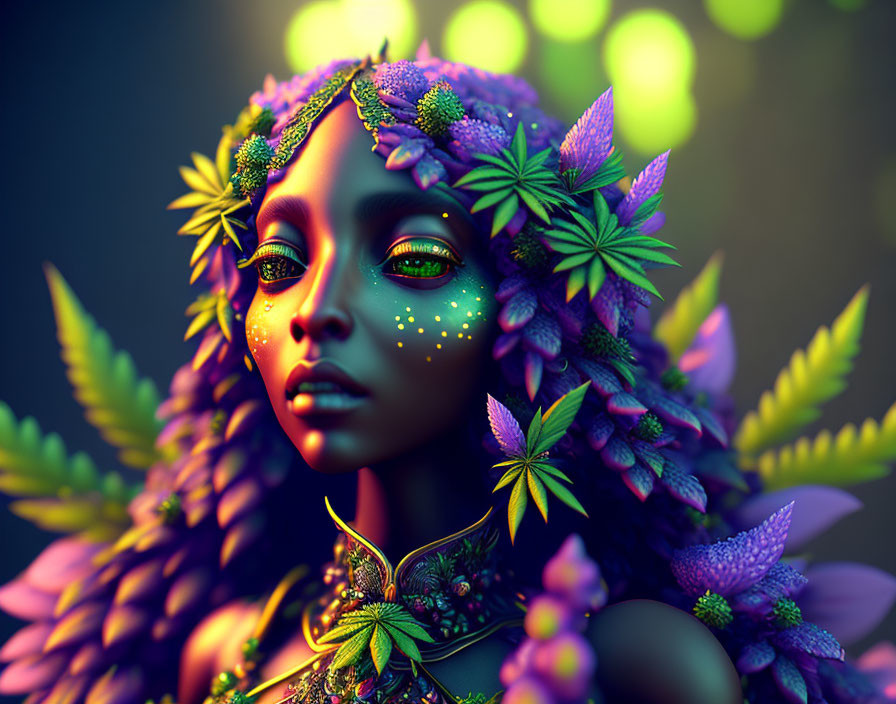 Fantasy portrait of woman with cannabis leaves, face embellishments, jewelry on dark background