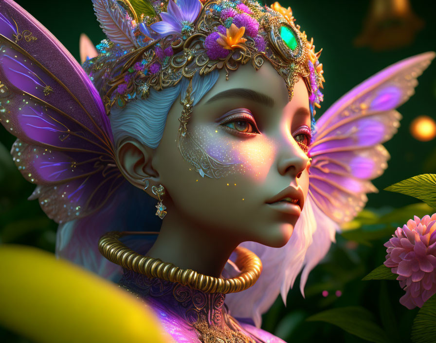 Ethereal fantasy figure with delicate wings and golden jewelry in lush floral setting