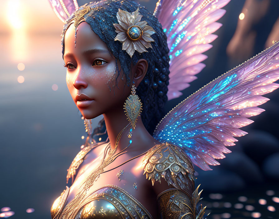 Fantasy female character with blue and gold headgear, butterfly wings, and armor in twilight