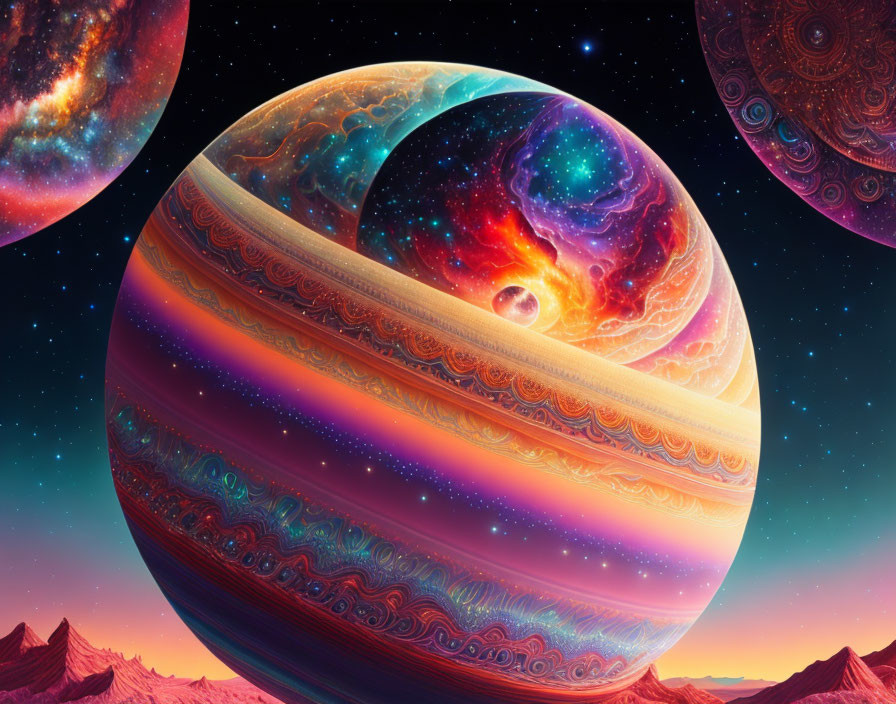 Colorful Digital Illustration of Multicolored Planet with Rings in Cosmic Setting