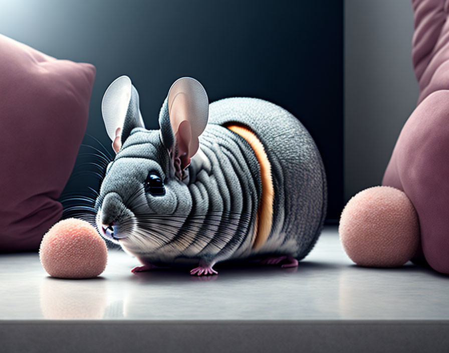Chubby rodent with chinchilla features in orange and gray stripes amid pink spheres