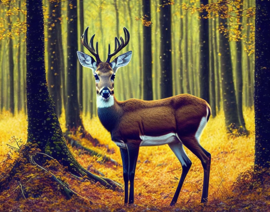 Majestic deer with prominent antlers in golden forest landscape