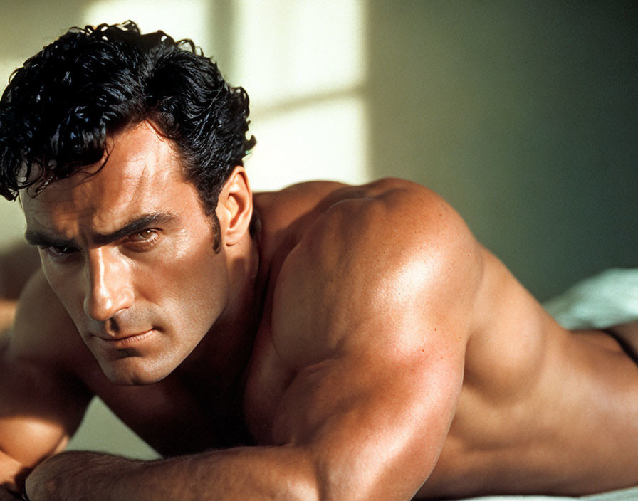 Dark-haired muscular man lying down with focused expression in well-lit setting.