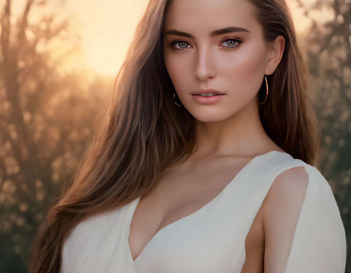 Woman with Long Hair in White Top Poses at Sunset