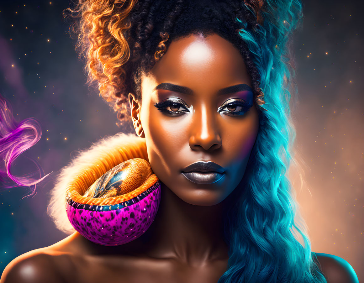 Vibrant digital artwork: woman with blue hair on galaxy background