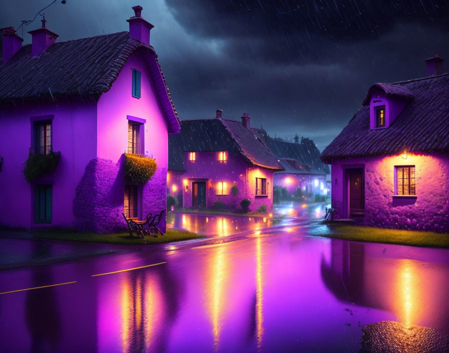 Charming cottages in rain shower with purple lights on wet road