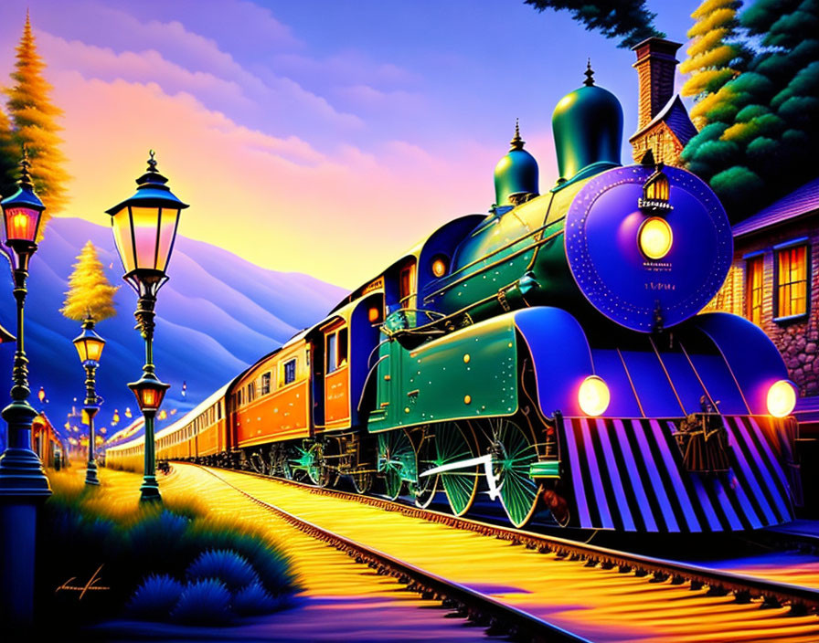 Vintage steam locomotive illustration at dusk with street lamps and mountains.