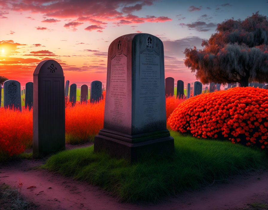 Sunset scene in a cemetery with orange flowers and weathered gravestones