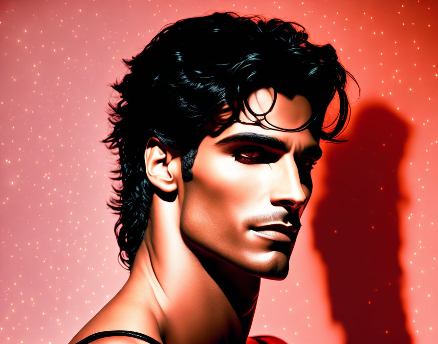 Stylized illustration of a handsome man with dark hair on red background