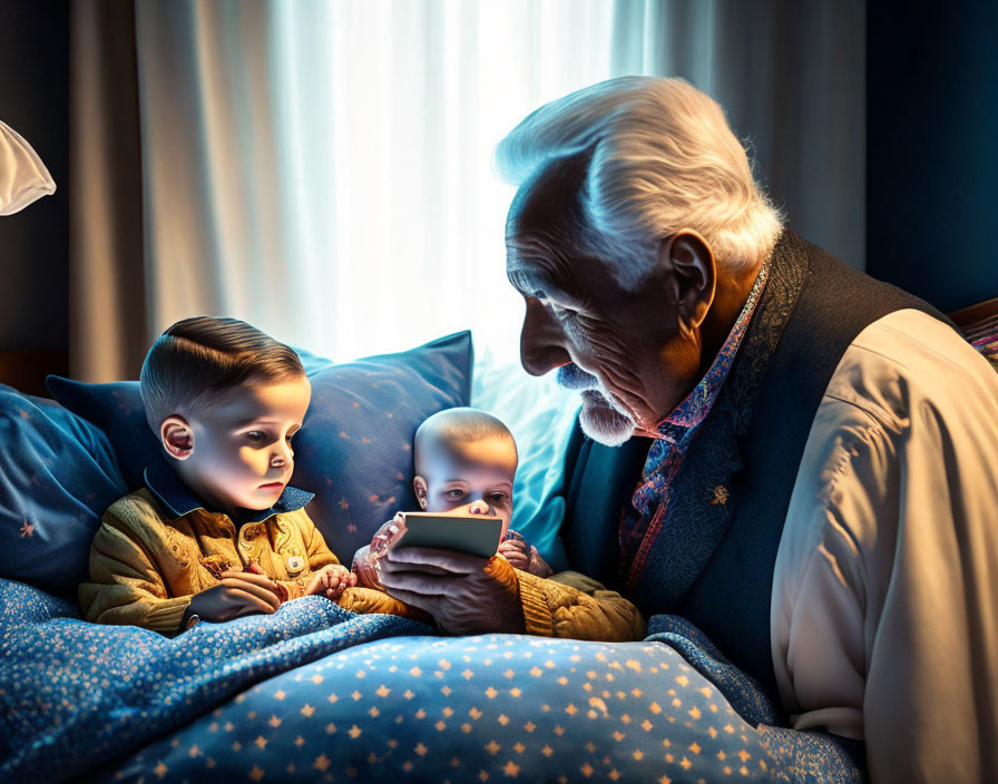 Elderly man with white beard sitting with children on smartphone indoors