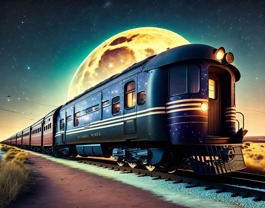 Vintage Train Traveling at Twilight Under Vivid Moon