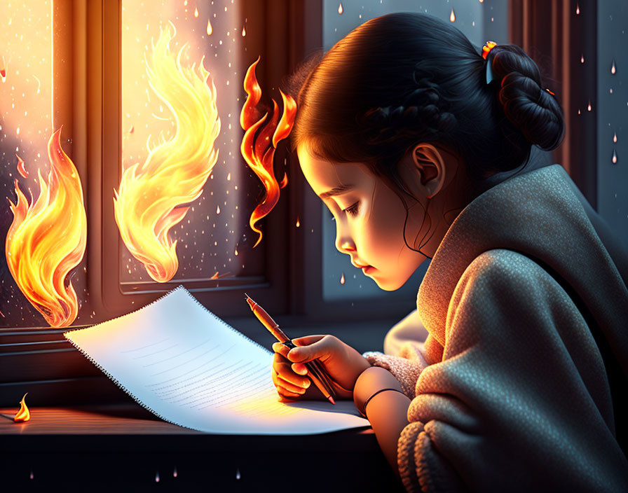 Young girl writing by window with magical flames and snow at night