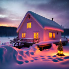 Winter Cabin Decorated with Festive Lights in Snowy Setting