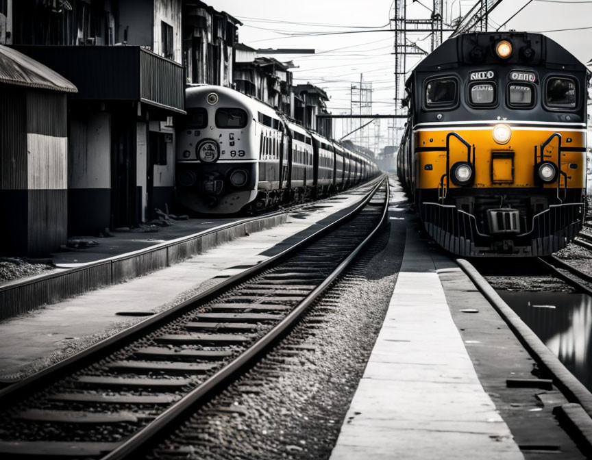 Parallel Train Tracks: Yellow Front Train Approaching, Monochromatic Stationary Train with Pop of Color