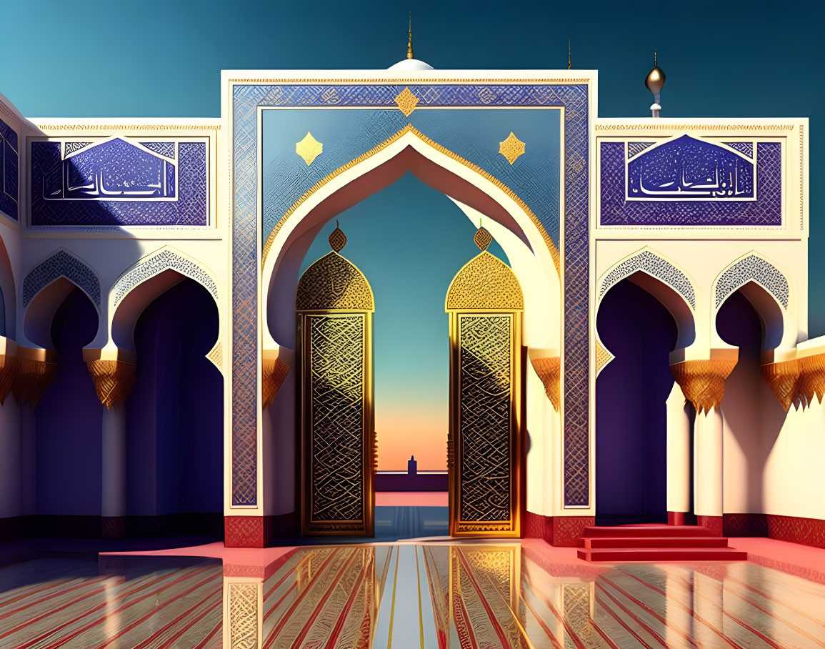 Intricate Sunset Mosque Interior with Arches and Cityscape View