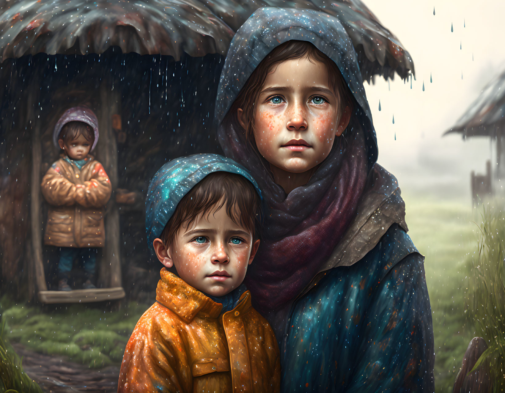 Three children in rain: two sad, one sheltered