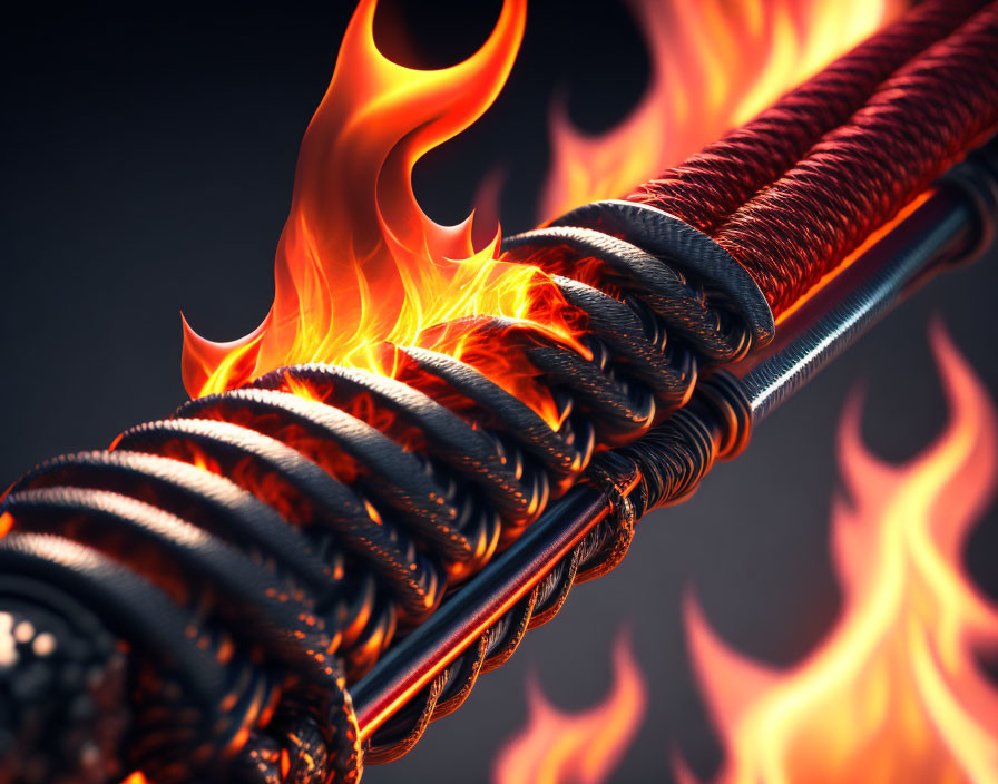 Traditional Japanese Katana with Red and Black Cord Wrap Amid Fiery Flames