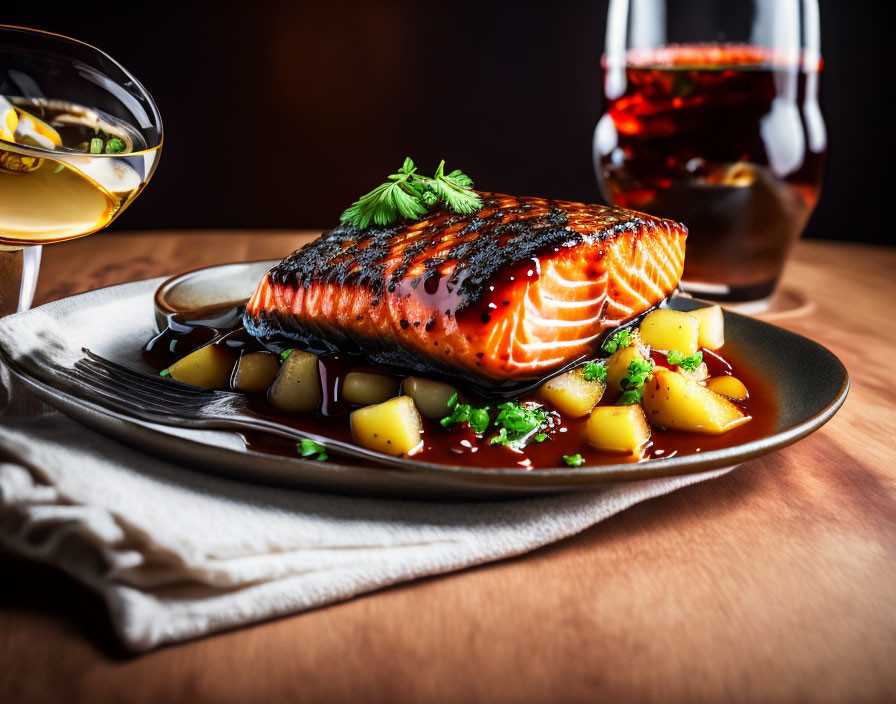 Grilled Salmon Fillet with Herbs, Potatoes, and Wine Pairing