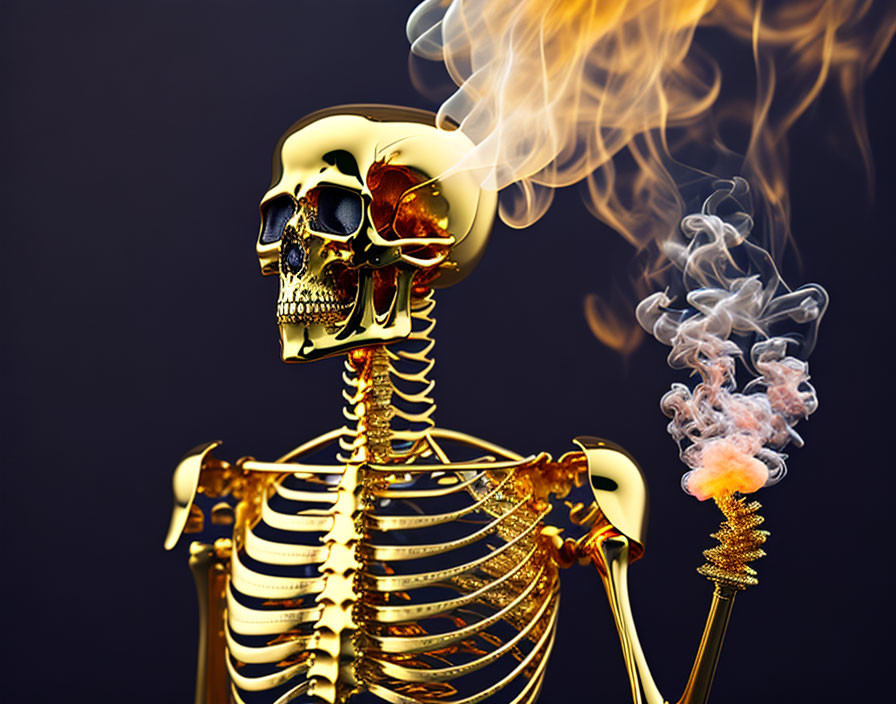 Golden Skeleton Exhaling Smoke with Smoking Torch against Dark Background