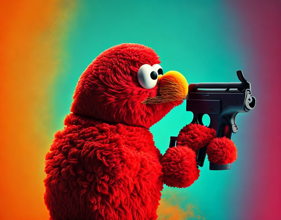 Red furry puppet with handgun on vibrant background