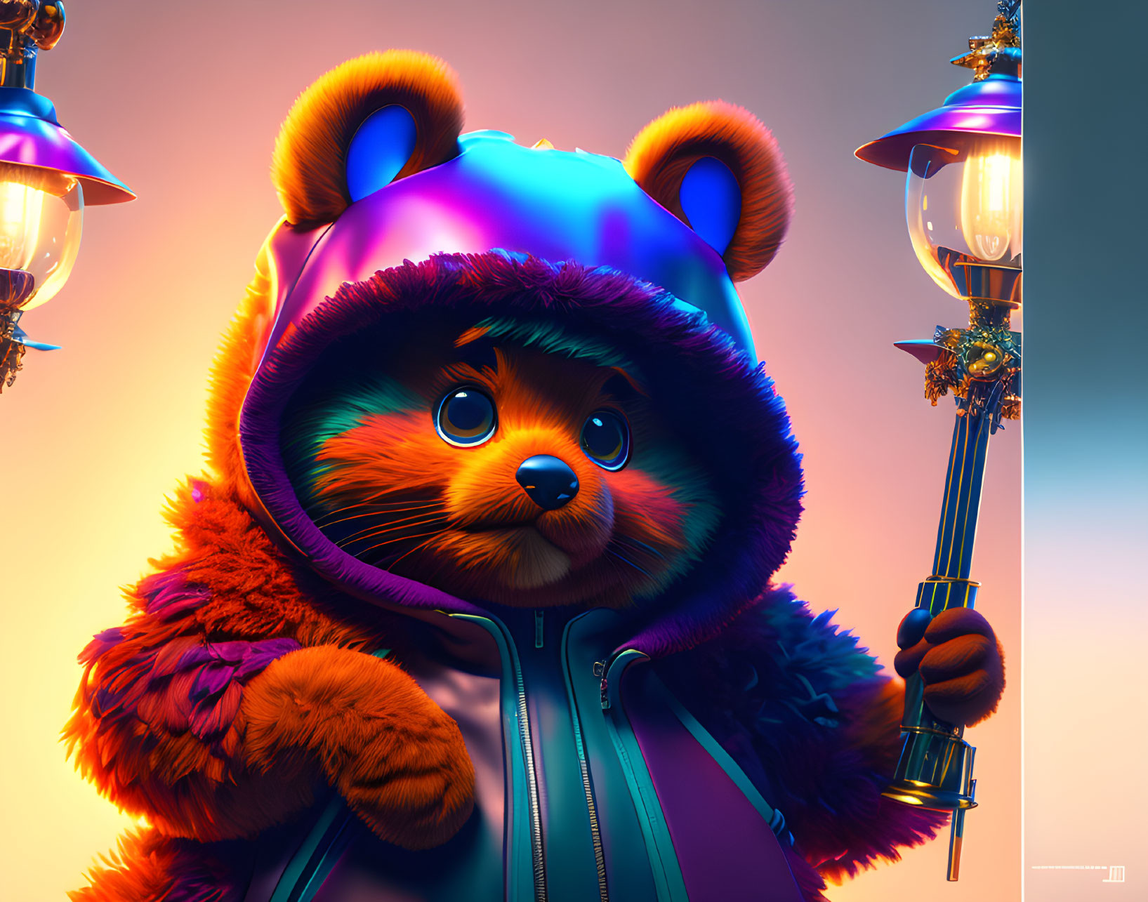 Vibrant anthropomorphic bear illustration with lamppost in colorful hoodie
