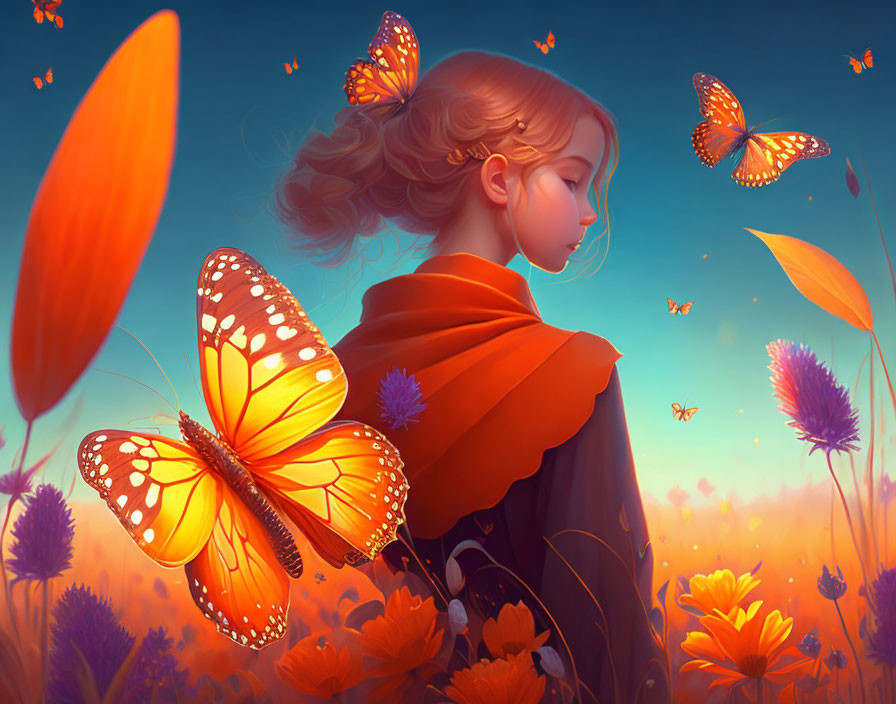 Young girl in cloak surrounded by monarch butterflies at sunset