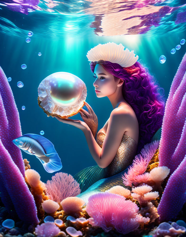 Young mermaid playing with pearl