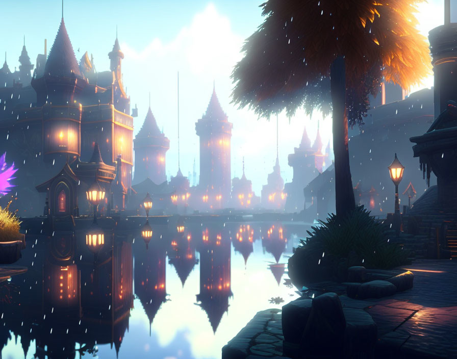 Fantasy landscape with illuminated castle spires and glowing trees at dusk