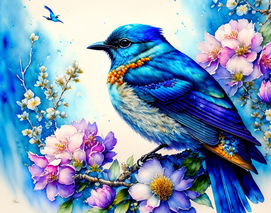 Blue bird perched on branch among pink blossoms on soft blue background