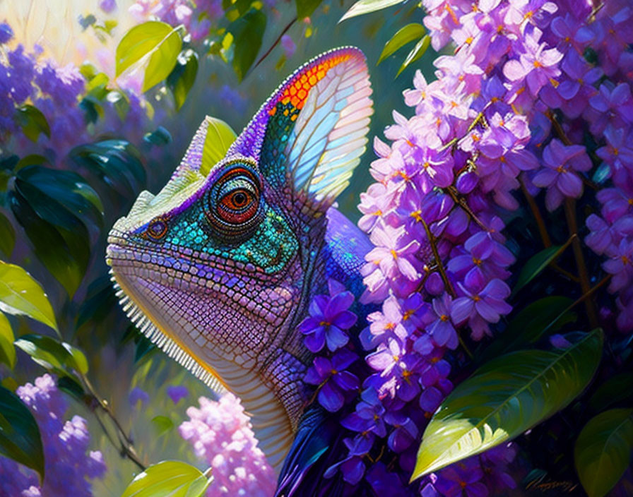 Vibrant chameleon camouflaged among purple flowers and green foliage