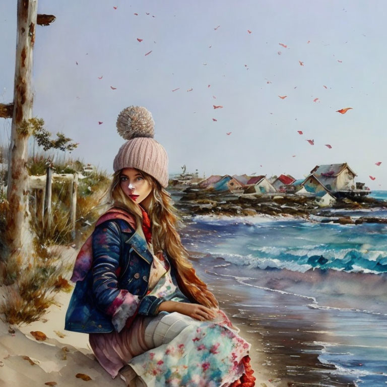 Woman in beanie by shore with small houses and autumn leaves.
