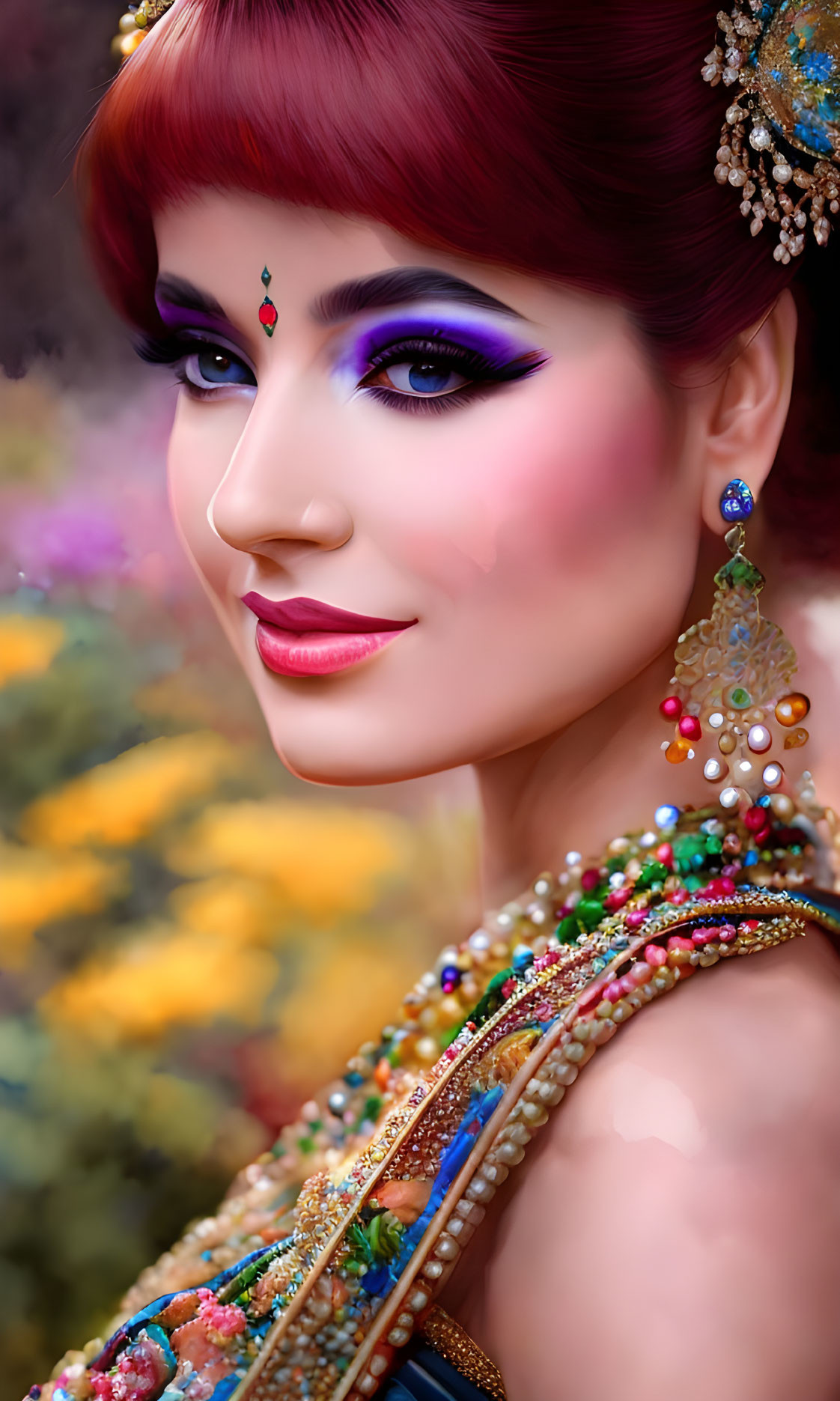 Woman with vibrant makeup and elaborate jewelry against blurred floral background