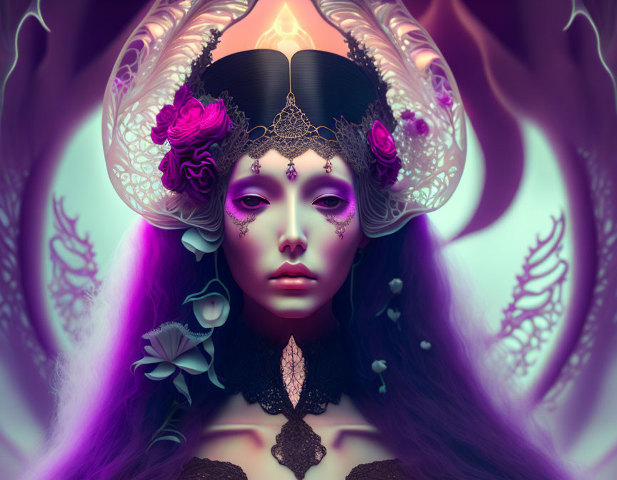 Fantasy portrait of woman with purple tones, elaborate headpiece, flowers, jewelry, mystical backdrop