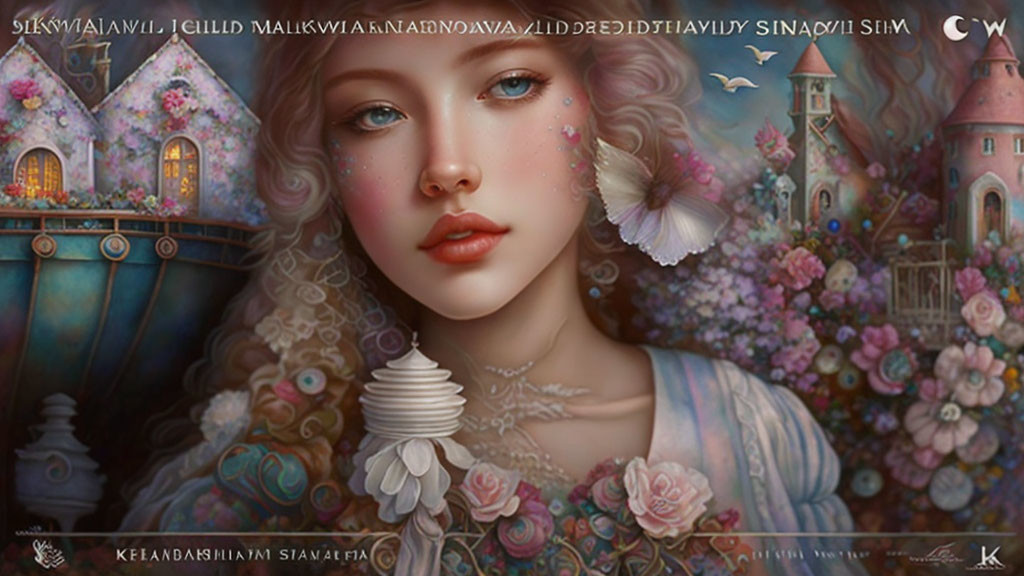 Fantasy Digital Artwork: Young Woman with Freckles, Dove, Flowers, Fairy Tale Houses