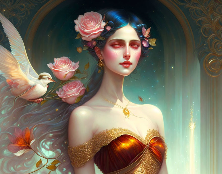 Fantastical image: Woman with blue hair, flowers, dove, butterflies, ornate golden backdrop