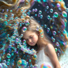 Surreal image: Woman with flowing hair in cosmic background surrounded by iridescent bubbles