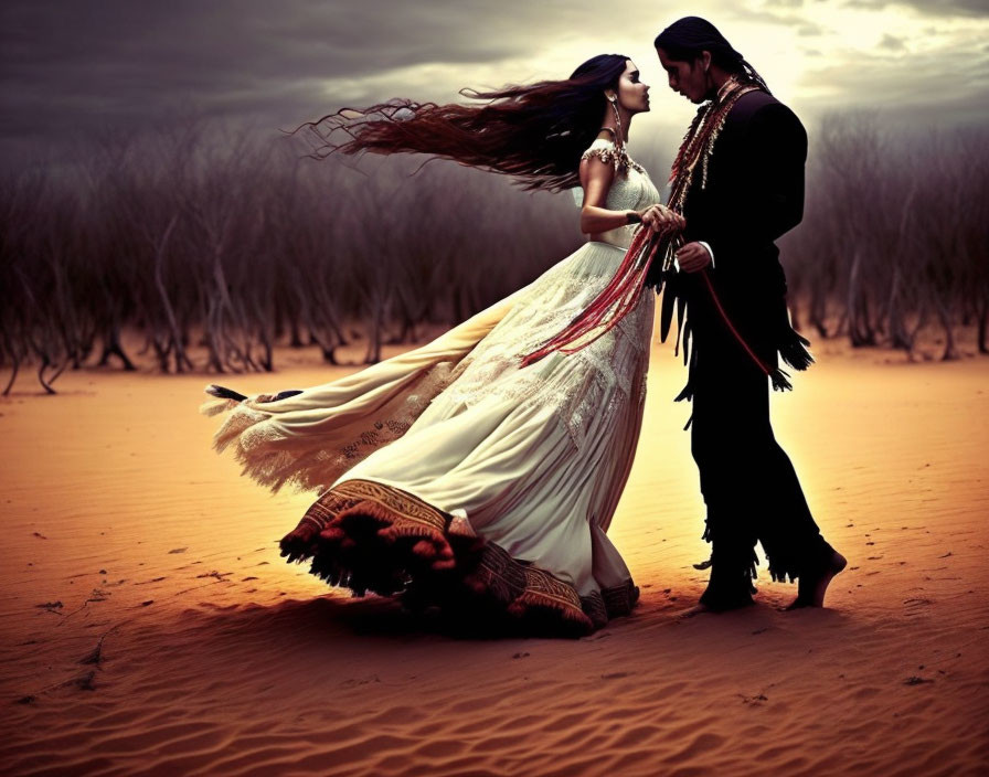 Couple in elaborate attire sharing intimate moment in desert landscape