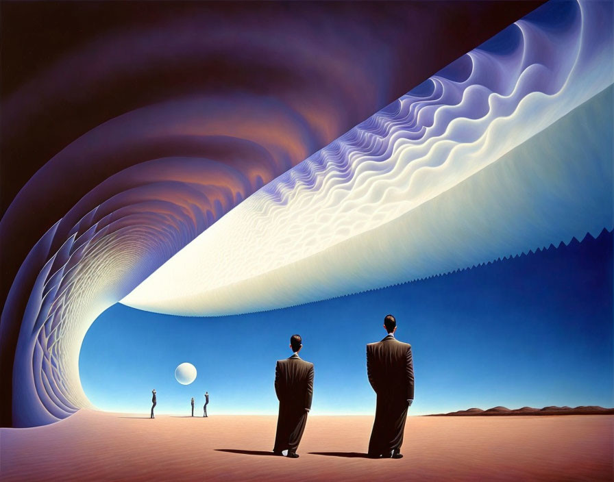 Surreal painting of businessmen and children under wave-like structure