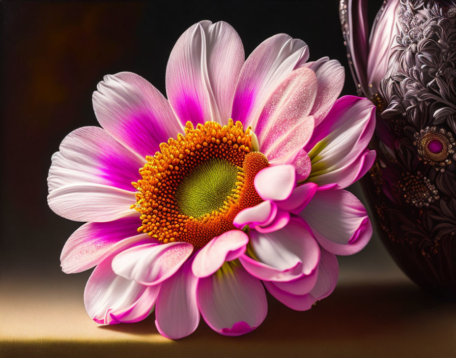 Pink and White Flower with Yellow Center Next to Dark Vase