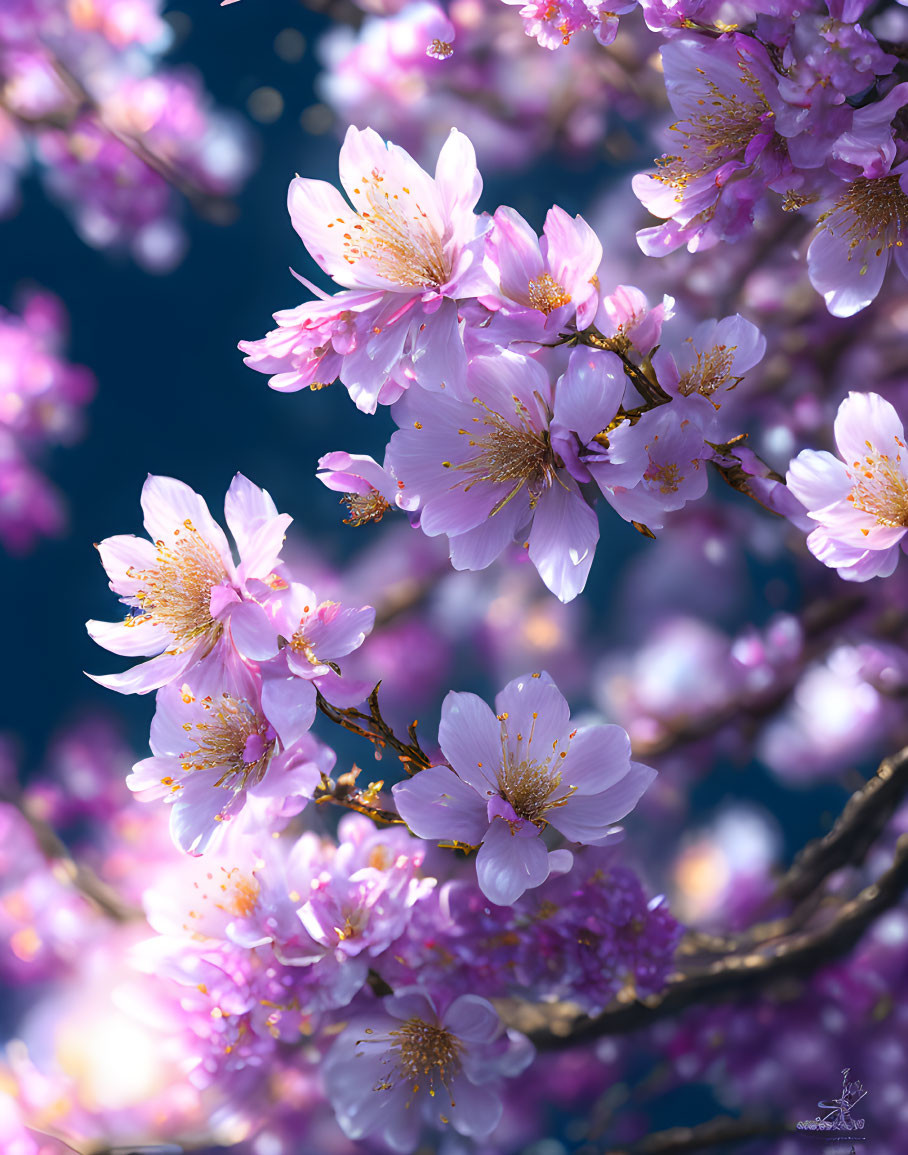 Delicate pink cherry blossoms against vivid blue backdrop