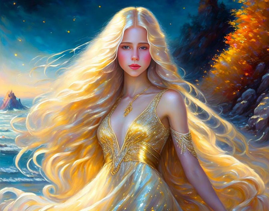 Ethereal woman with golden hair in gold dress against vibrant landscape