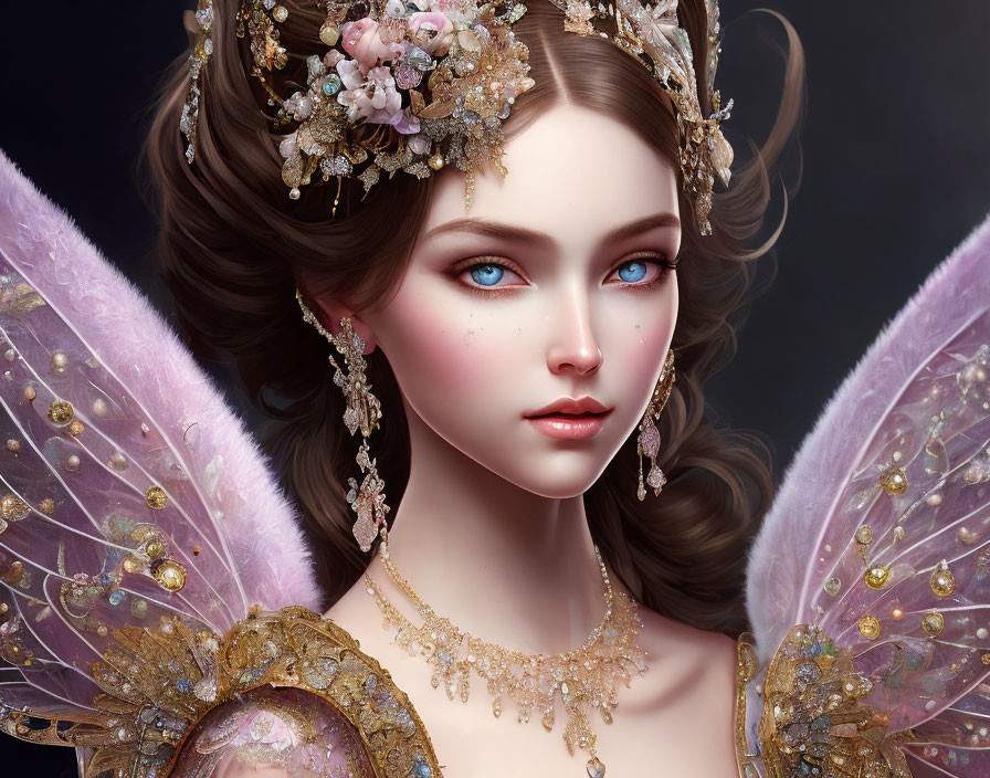 Fantastical female portrait with blue eyes, golden headpiece, pink wings, and jewelry