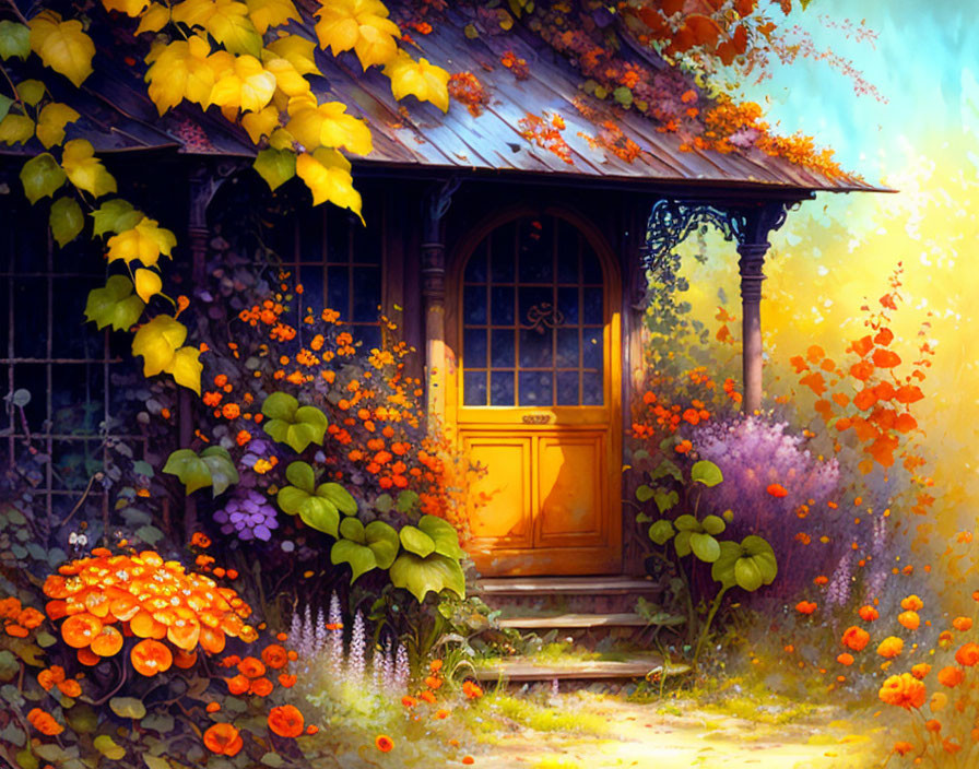 Charming autumn cottage with vibrant flowers and golden door
