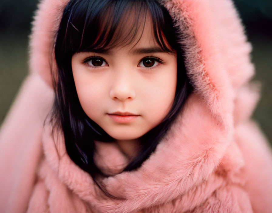 Young girl in pink hooded coat with dark eyes gazes thoughtfully on blurred green backdrop