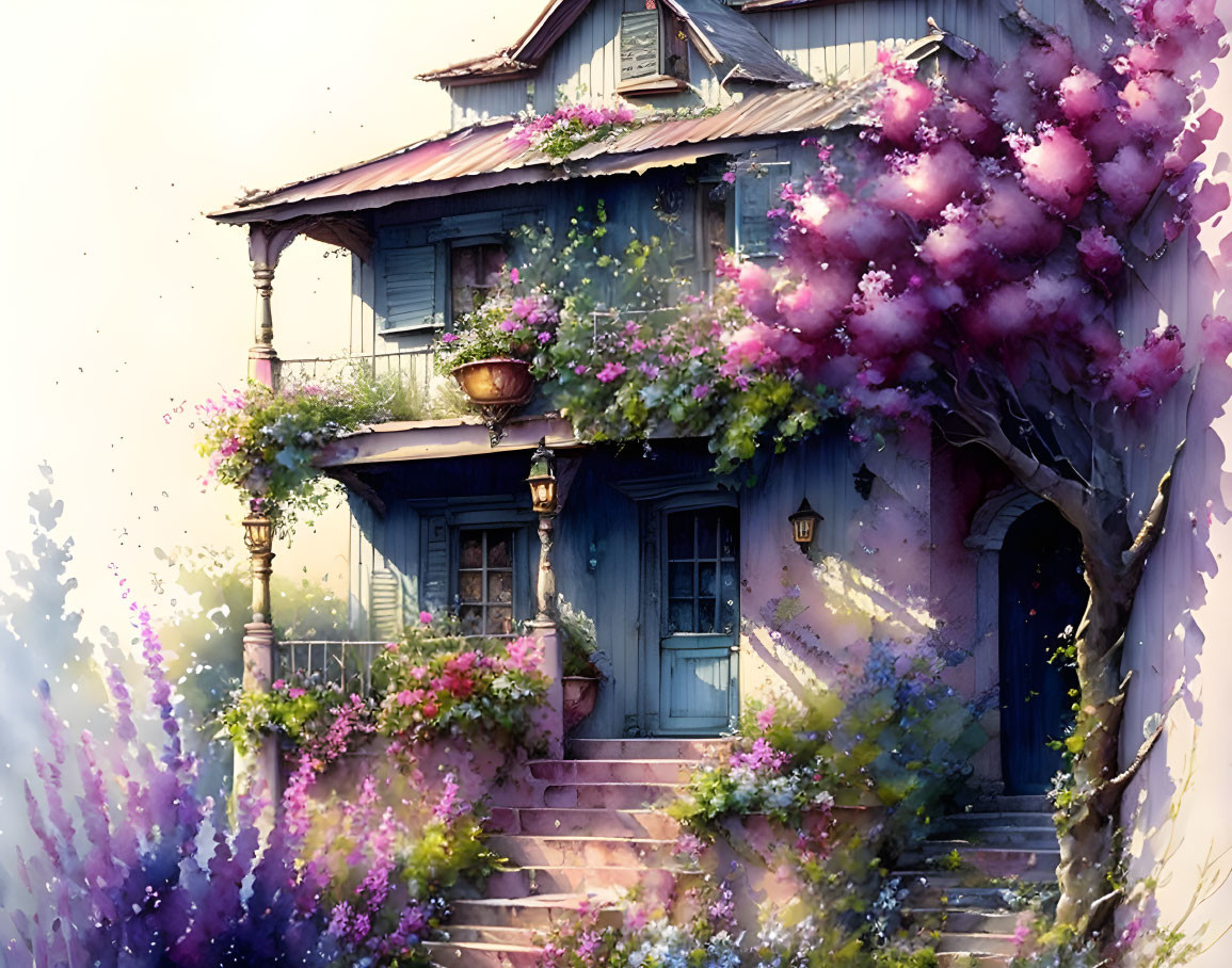 Charming two-story house with purple flowers and greenery in soft light